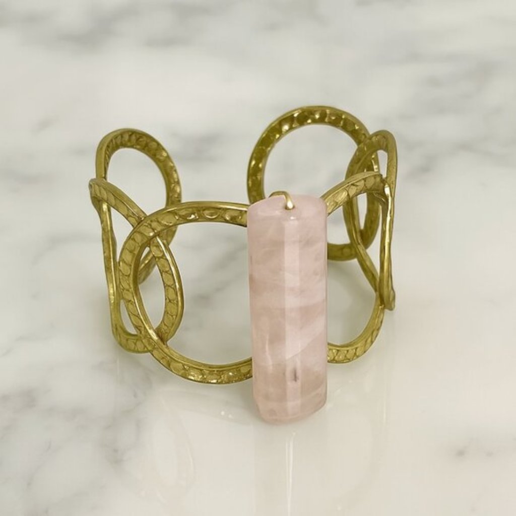 Custom Gold-Plated Pink Jade Stone Cuff Bracelet